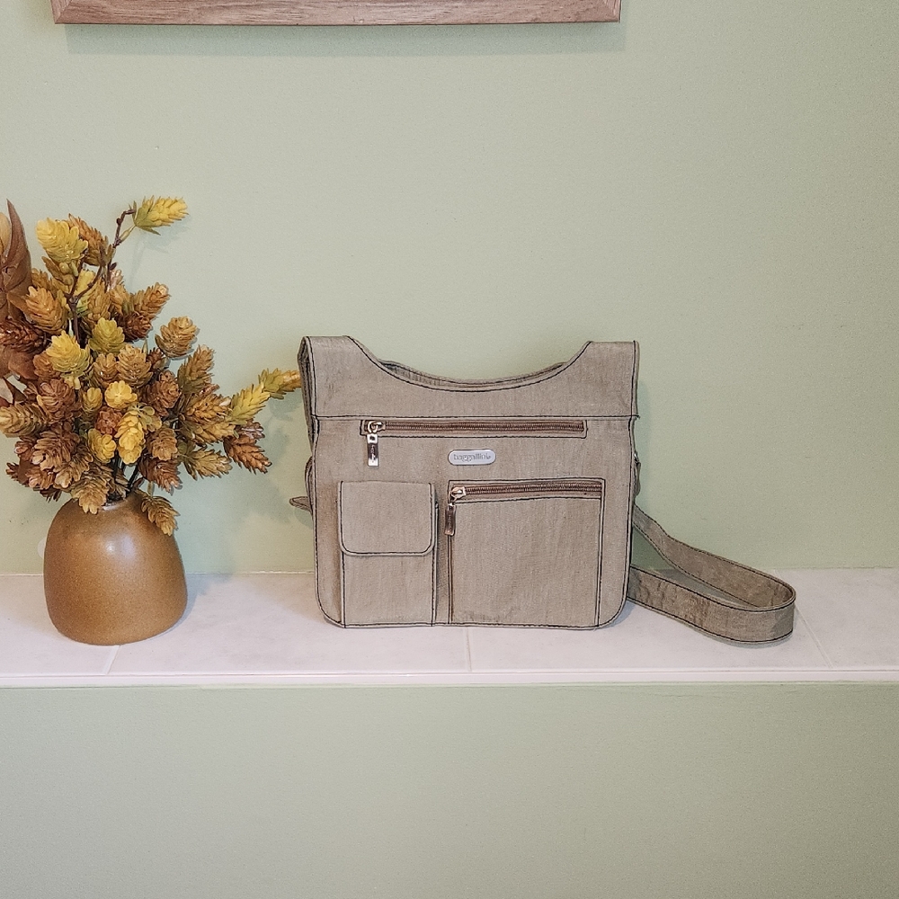 Baggallini Khaki Nylon Crossbody Bag with Zipper Pockets